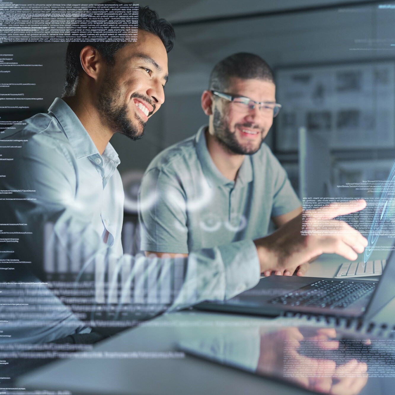 Teamwork, laptop hologram and people with data analytics, cyber security research and cloud computi